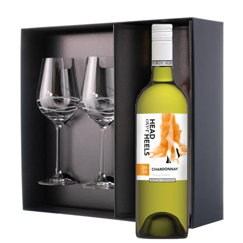 Head over Heels Chardonnay 75cl White Wine And Diamante Venezia Glasses Gift Box Set